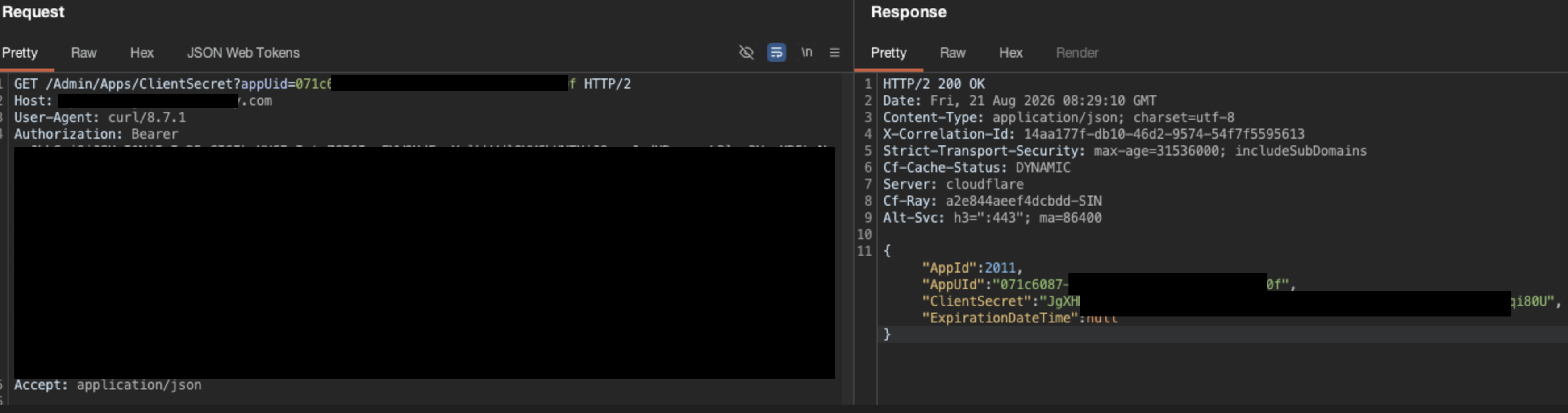 GET /Admin/Apps/ClientSecret returns 200 with the plaintext OAuth client_secret for the non-admin token