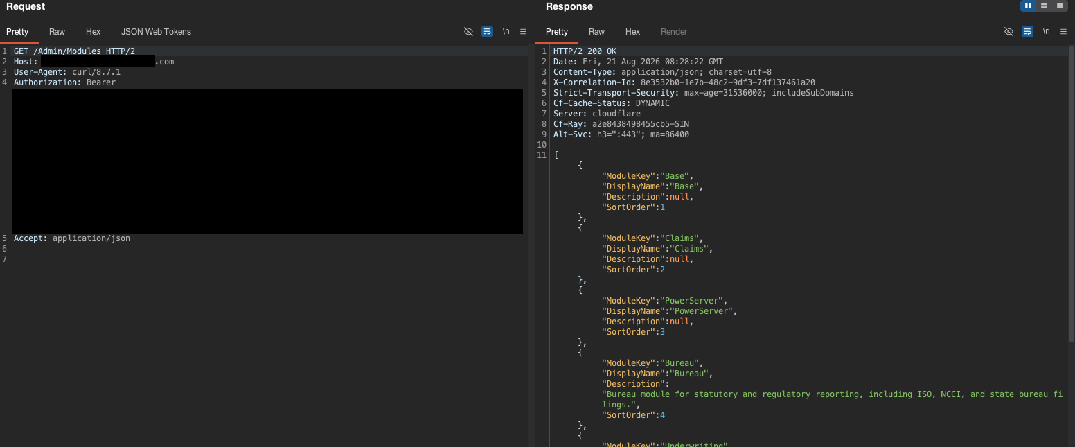 GET /Admin/Modules returns 200 with the full module catalog for the non-admin token